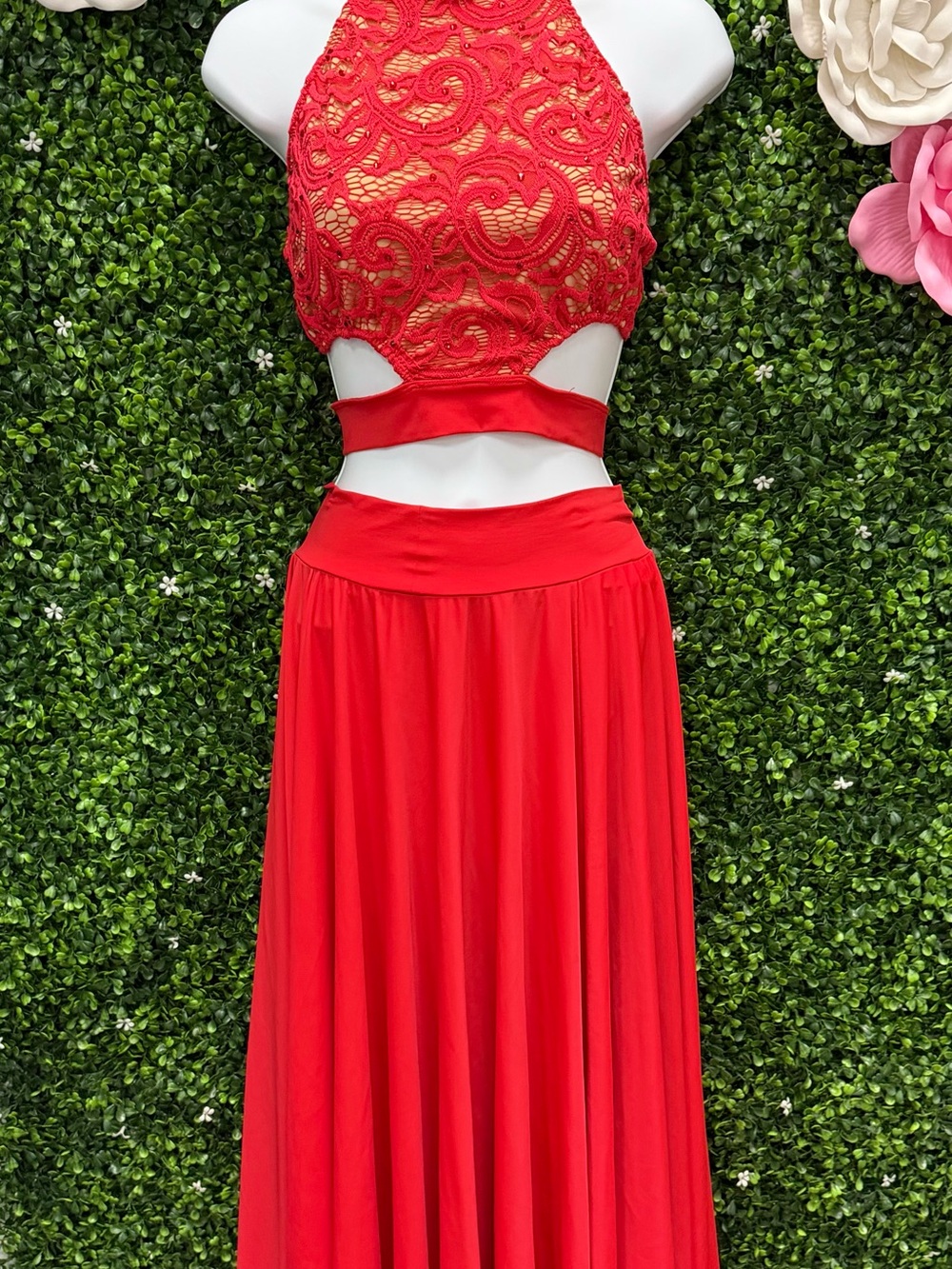Red Lace Halter Dance Costume Dress